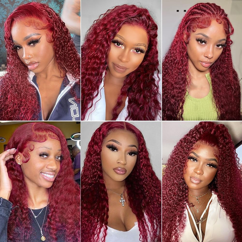 99J Burgundy Deep Wave Lace Front Wigs Human Hair 13x4 HD Lace Frontal Wigs Human Hair Pre Plucked 180 Density Red Colored Deep Curly Wet and Wavy Glueless Human Hair Wigs for Black Women 26 Inch