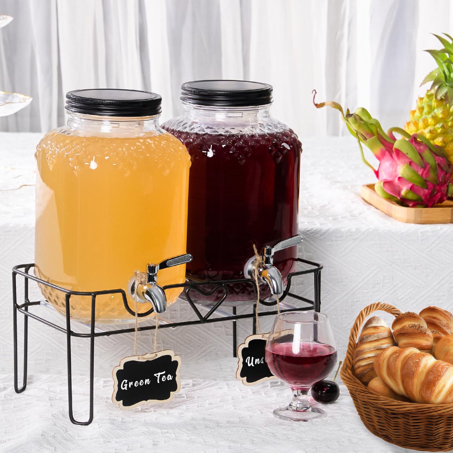 1 Gallon Glass Drink Dispensers for Parties, Beverage Dispenser with Stand and Fruit Infuser, Glass Lemonade Dispenser with Stainless Steel Spigot for Kombucha, Sun Tea, Juices, BBQ, Weddings