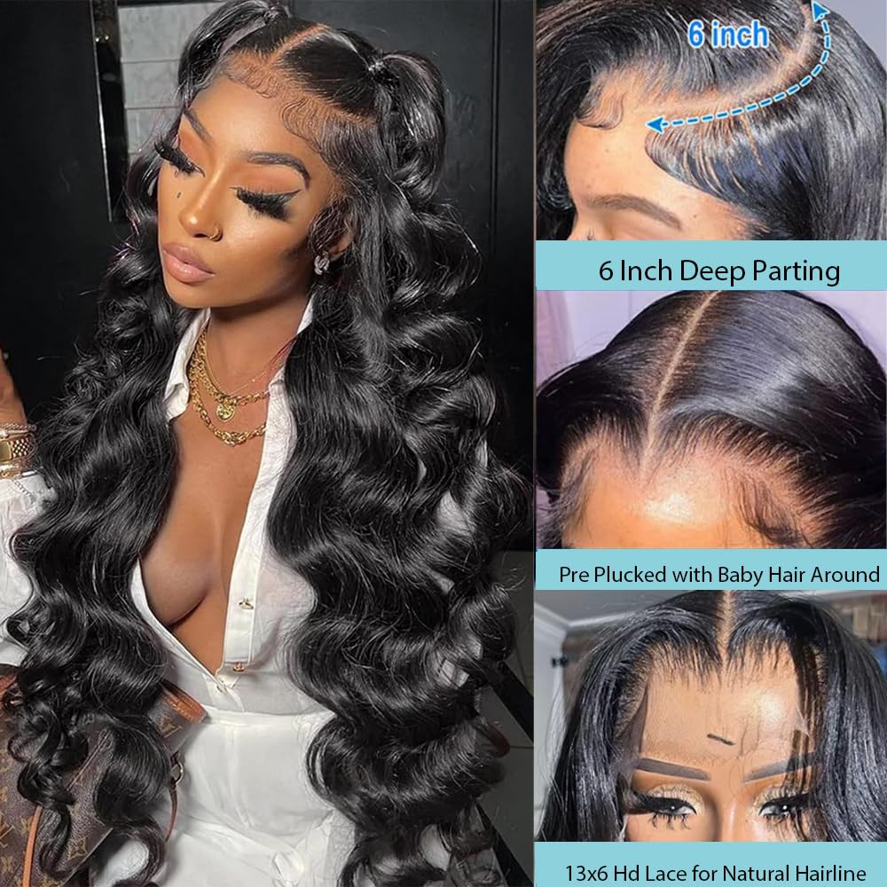 Body Wave Lace Front Wigs Human Hair Pre Plucked 13x6 HD Transparent Lace Frontal Wigs Human Hair180% Density 28 Inch Glueless Wigs Human Hair with Baby Hair for Women