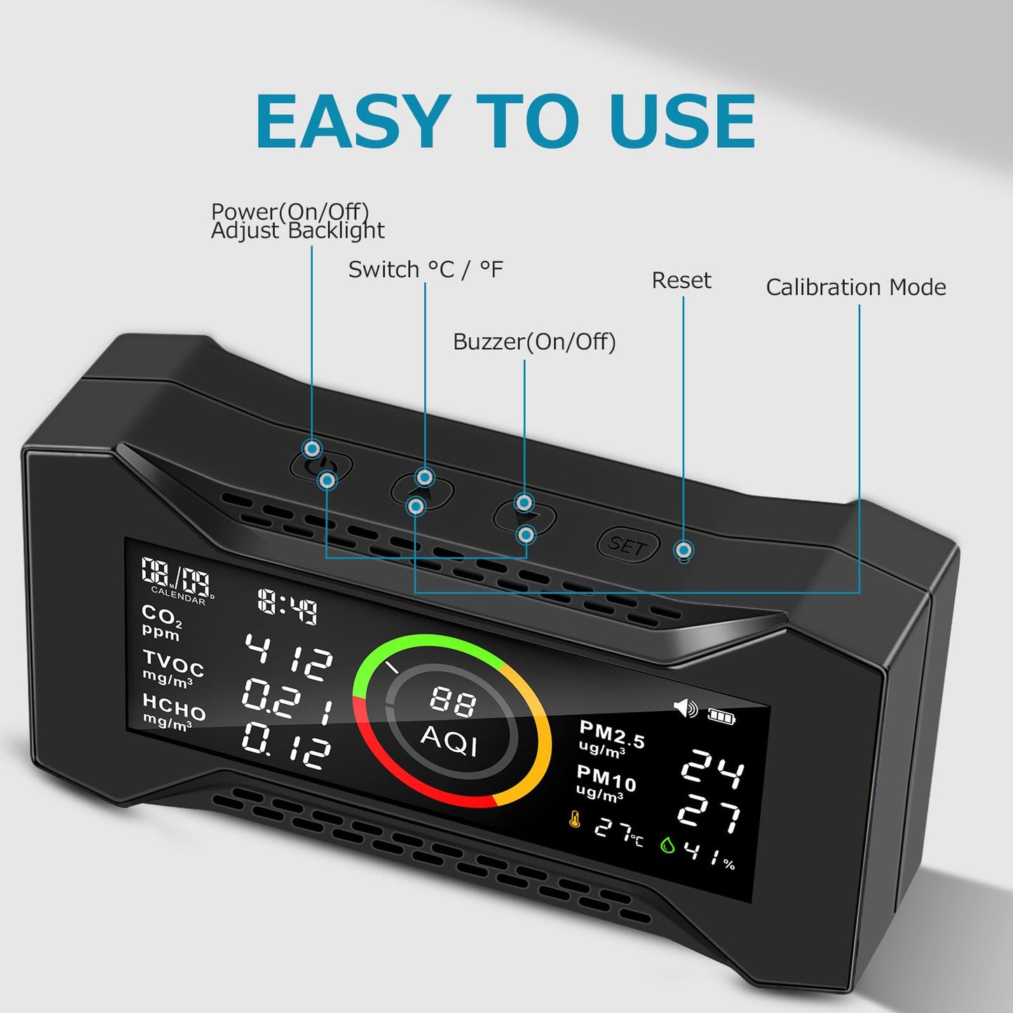 Air Quality Monitor Indoor, Simbow CF-20 DL 7-in-1 Wildfire Monitor Detect (PM2.5, PM10, CO2, VOC, Formaldehyde, Humidity, Temp) Free Data Export, Air Quality Meter for Home Office School