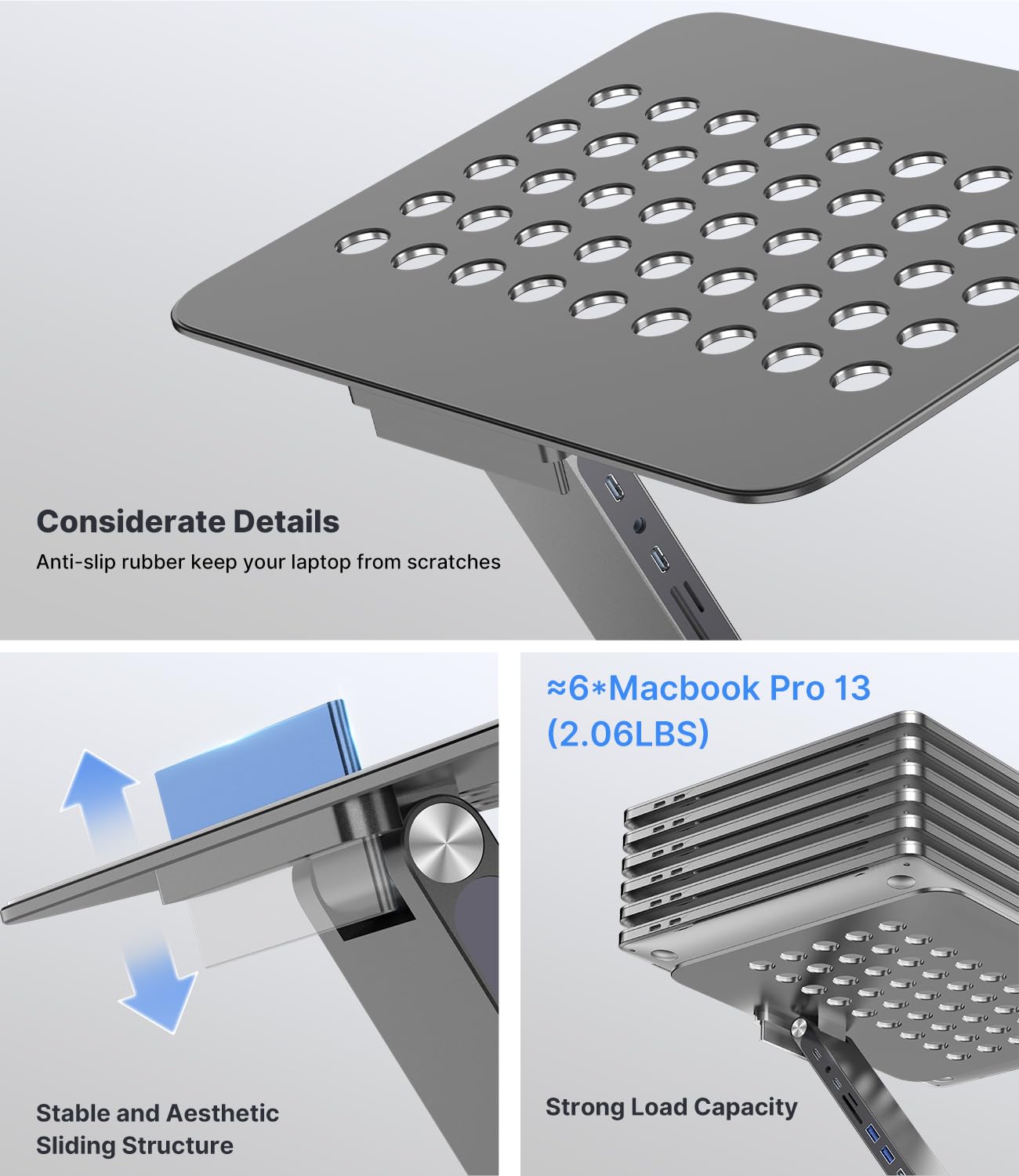 KU XIU Adjustable Laptop Stand with 8 in 1 USB C Hub, Foldable Portable Computer Notebook Stand with 360° Rotating Base, Riser Holder Mount for All 10-17" Laptops (Gray)