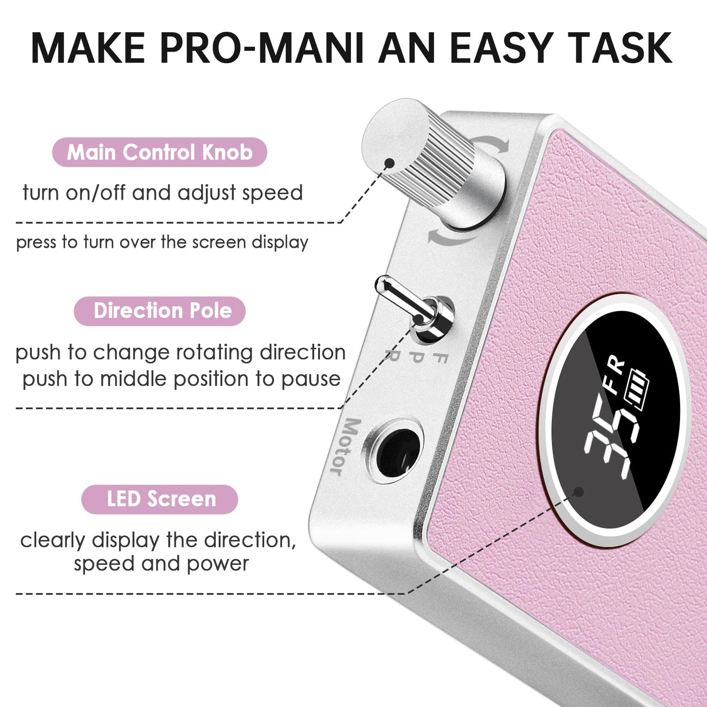 Kredioo Nail Drill Professional Super Quiet with Coreless Motor 35000RPM Electric File 6+1 Tungsten Bits Kit Portable Strong Drill para uñas Profesional Remove Acrylic Nails Dip Powder-Pink