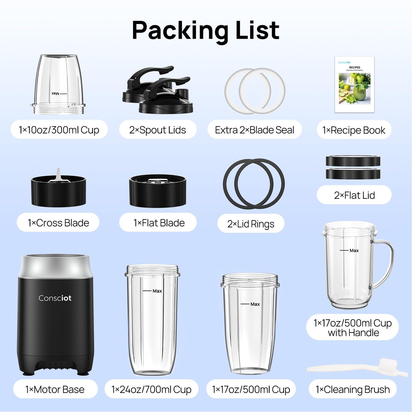Consciot CB10 16Pcs Personal and Countertop Blender Combo, Coffee and Spice Grinder, Make Shakes and Smoothies, Frozen Drinks, Baby Food, Spreads & More, 4 Portable BPA Free To-Go Cups, 900 Peak Watt