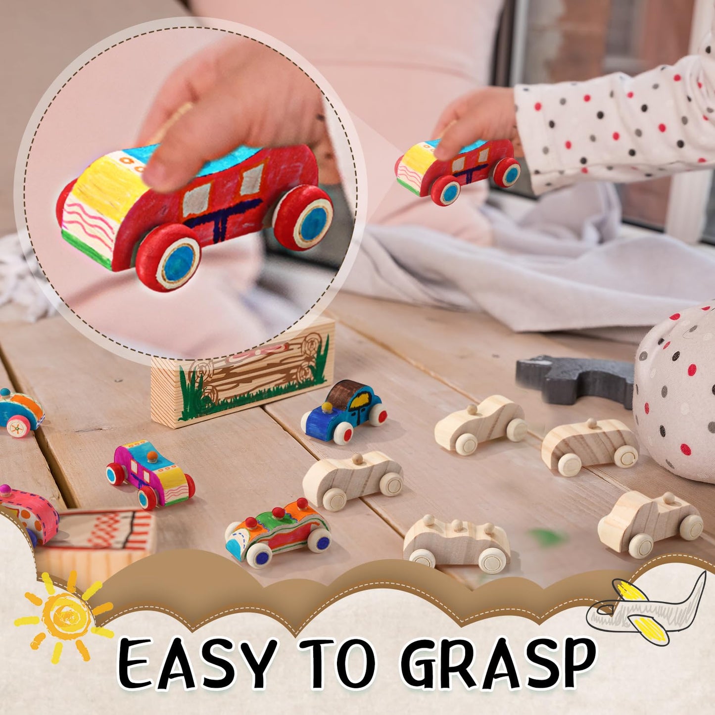 WinnerWhy Baby Shower Game Sign Kit Includes 32 Unfinished Wooden Car Blocks, 12 Markers, and a Prize Decoration Sign for Baby Shower(Boho)