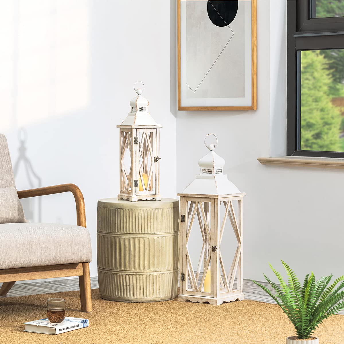 Glitzhome Large Farmhouse Wooden Metal Lantern Set of 2, 28.74" H/20.47" H Rustic Decorative Floor Candle Lanterns, Distressed Hanging Lanterns for Home Décor White (No Glass)