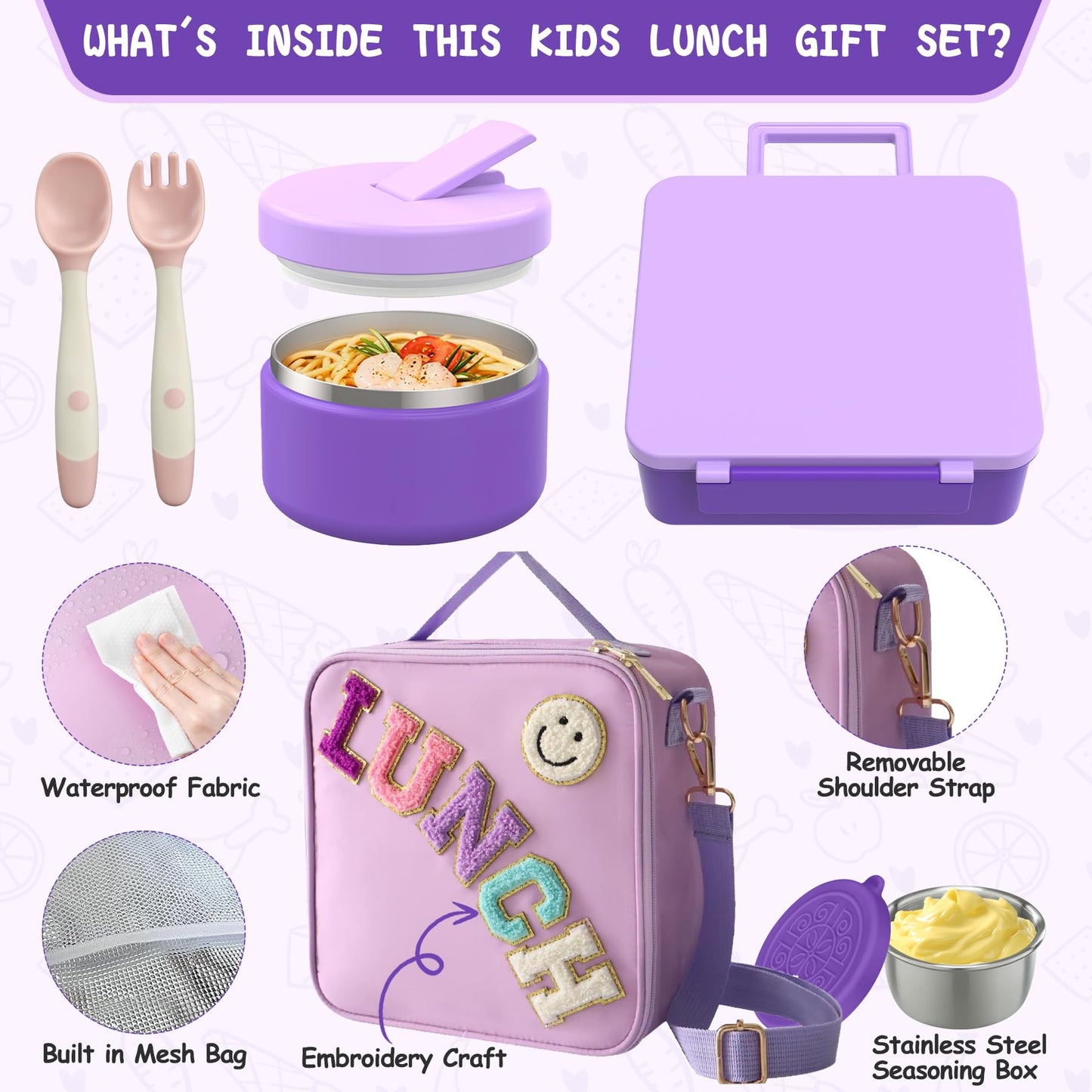 Aimsnk Kids Bento Lunch Box with 8oz Soup Thermo, Kids Leakproof Lunch Food Containers with 4 Compartment,Insulated Hot Food Jar with Lunch Bag for School, Travel (Purple)