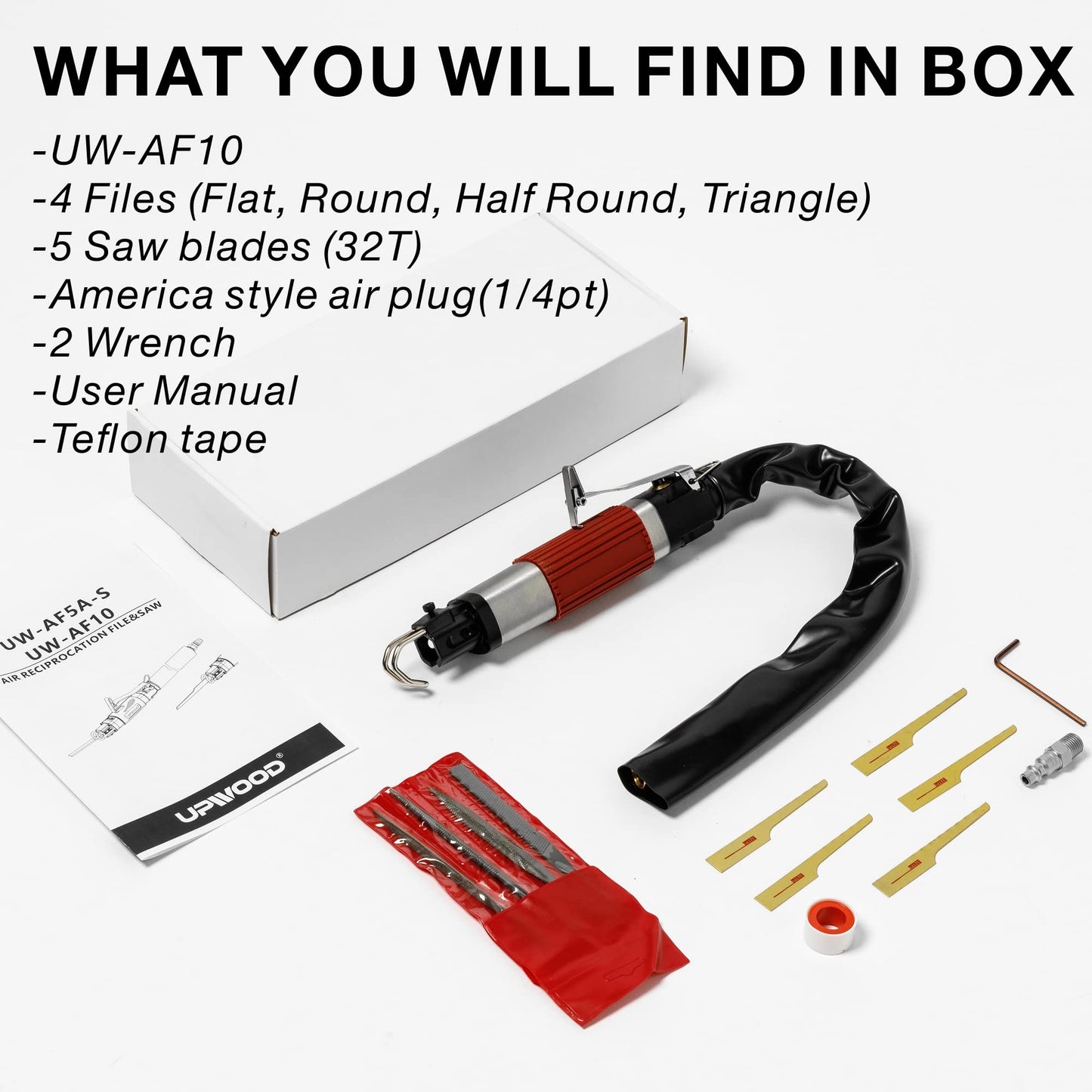 Air Reciprocating File & Body Saw 3/8in stroke, Multi-function Low Vibration 3500spm Pneumatic Cutting Tool & Abrasive Tool with 4 Files and 5 Saw Blades (Stroke Length: 10mm)