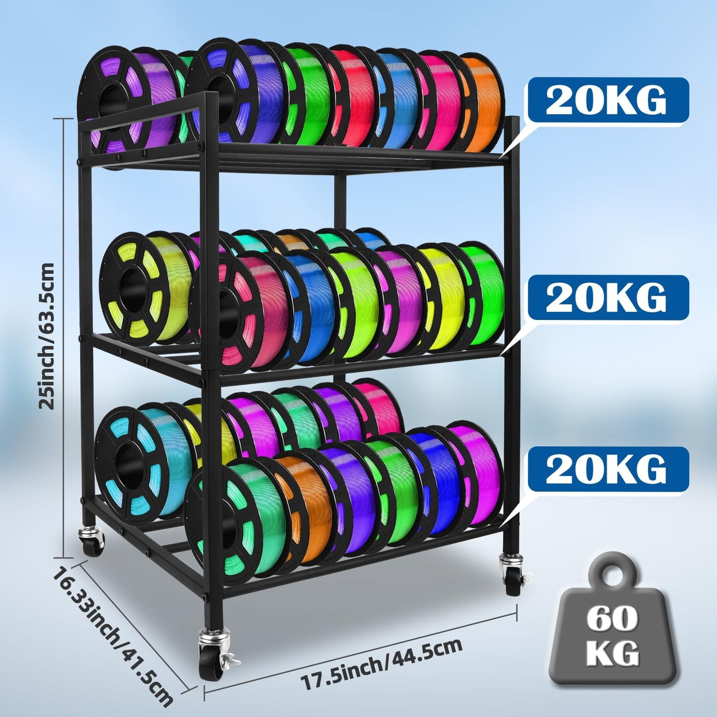 3D Printer Filament Storage Rack, 360 Rolling Spool Holders with Wheels, Heavy Duty Metal Shelf for PLA/ABS/TPU Filaments