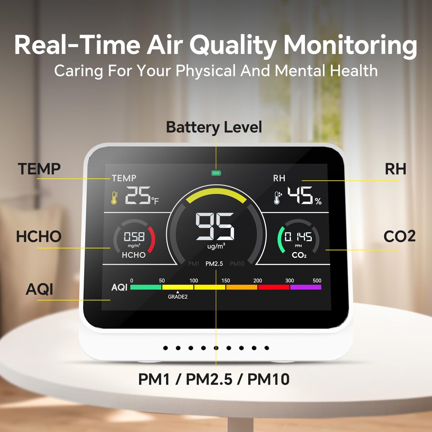 13 in 1 Portable Air Quality Monitor Indoor for Home, Car and Office Air Quality Tester for 6AQI,HCHO, PM2.5, PM1.0, PM10, CO2 Detector Air Quality Meter with Temperature, Humidity (Pearl White)
