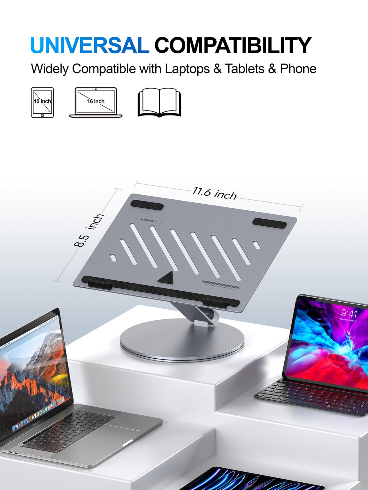 YICOSUN Laptop Stand for Desk, 360° Rotating Height Adjustable Computer Stand, Ergonomic Aluminum Laptop Riser with Ventilated Cooling, Foldable for 10-16 inch MacBook Pro Air Neo Dell HP - Gray