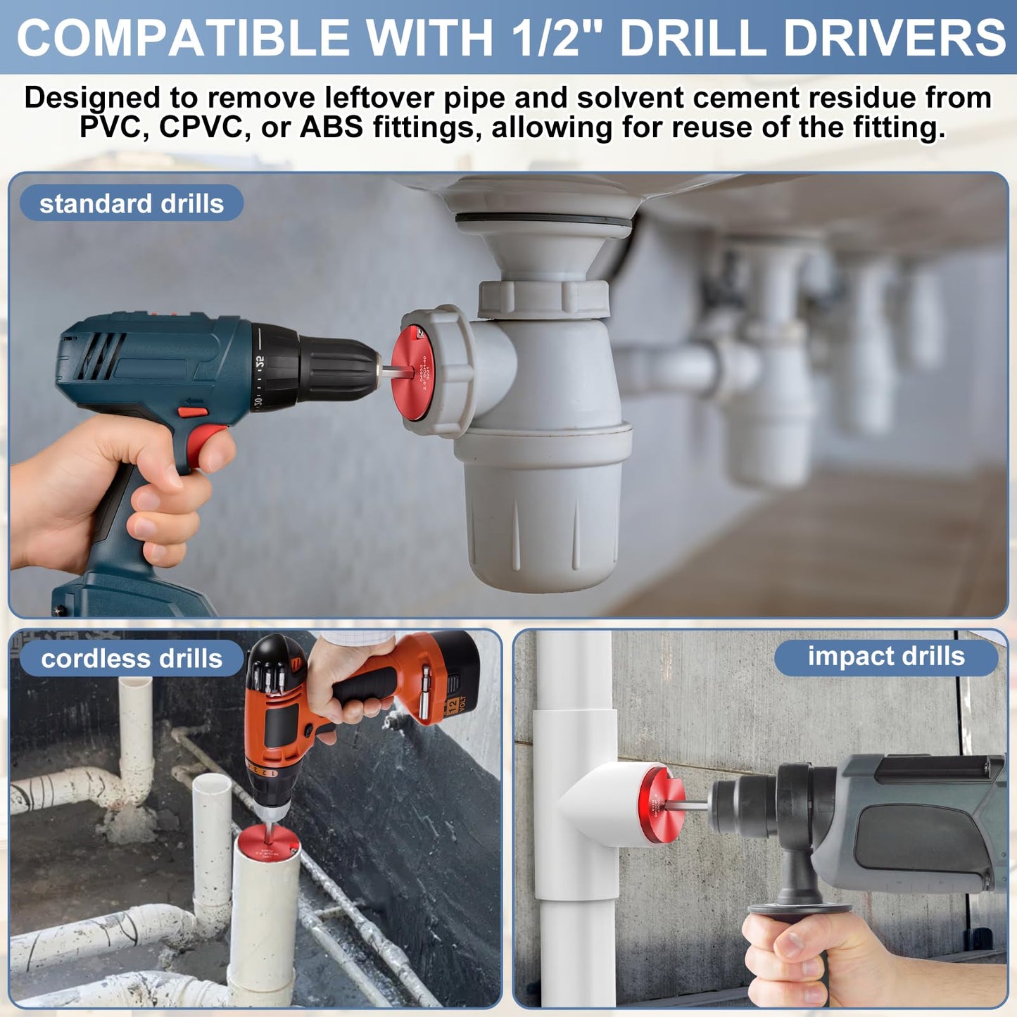 9 Pcs PVC Pipe Reamer Kit, PVC Fitting Saver, Reamer Fit into Standard 1/2" Drills Contains 1/2 inch, 3/4 inch, 1 inch, 1-1/4inch,1-1/2inch, 2inch, 2 1/2 2inch, 3inch, 4inch for SCH40, ABS