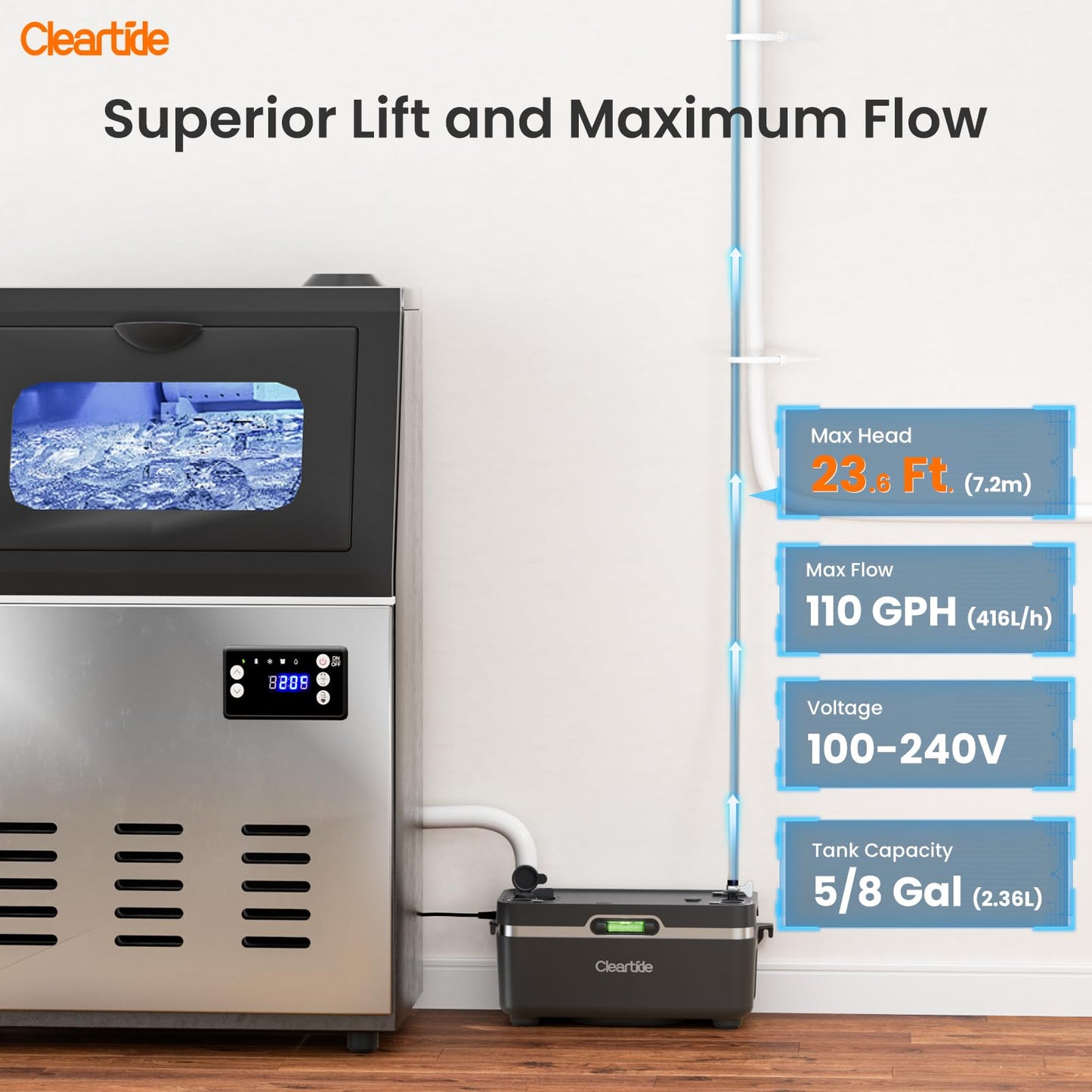 Cleartide Condensate HVAC Pump, Ultra-Quiet 25dB, 1/50 HP 115 GPH, Automatic Condensate Removal Pump with Safety Switch for Air Conditioner/Furnace/Dehumidifier, 100-240V, 23.6ft Head Height