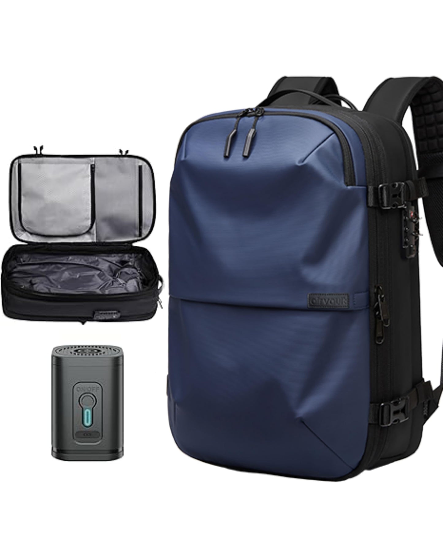 AirVault Voyage Vacuum Seal Travel Backpack 60L with Exapandable Vortex Air Compression Vacuum System Airback SpaceVacPro VacPack Water Resistant TSA Lock with Air Pump Blue