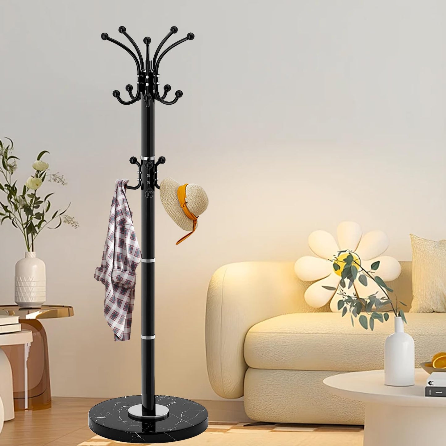 LOZABEE Metal Heavy Duty Coat Rack Stand, Modern Freestanding Coat Rack with Natural Marble Base, 360° Roraty Coat Racks with 16 Hooks, Black Coat Hall Tree Hanger Stand for Entryway, Office