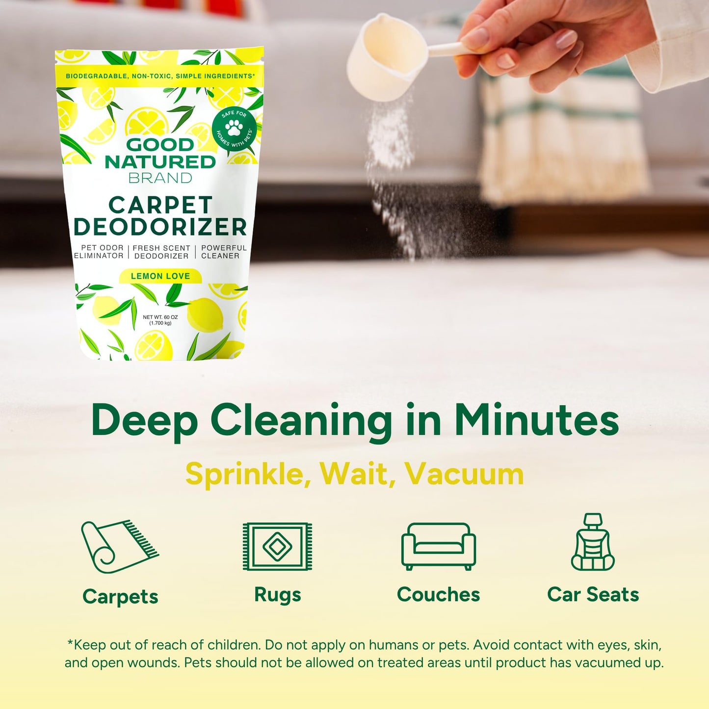 Good Natured Brand | Carpet Deodorizer & Freshener Powder | 60 oz Pet Odor Eliminator for Strong Odor & Pet Urine | Fresh Natural Lemon Love | Safe for Homes with Pets
