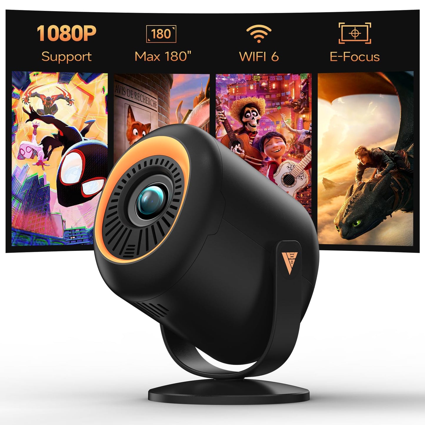Mini Projector with WiFi and Bluetooth, Portable Projector Native 1080P Support 4k with 180° Adjustable Stand, Max 180" Display Proyector Built-in Speakers