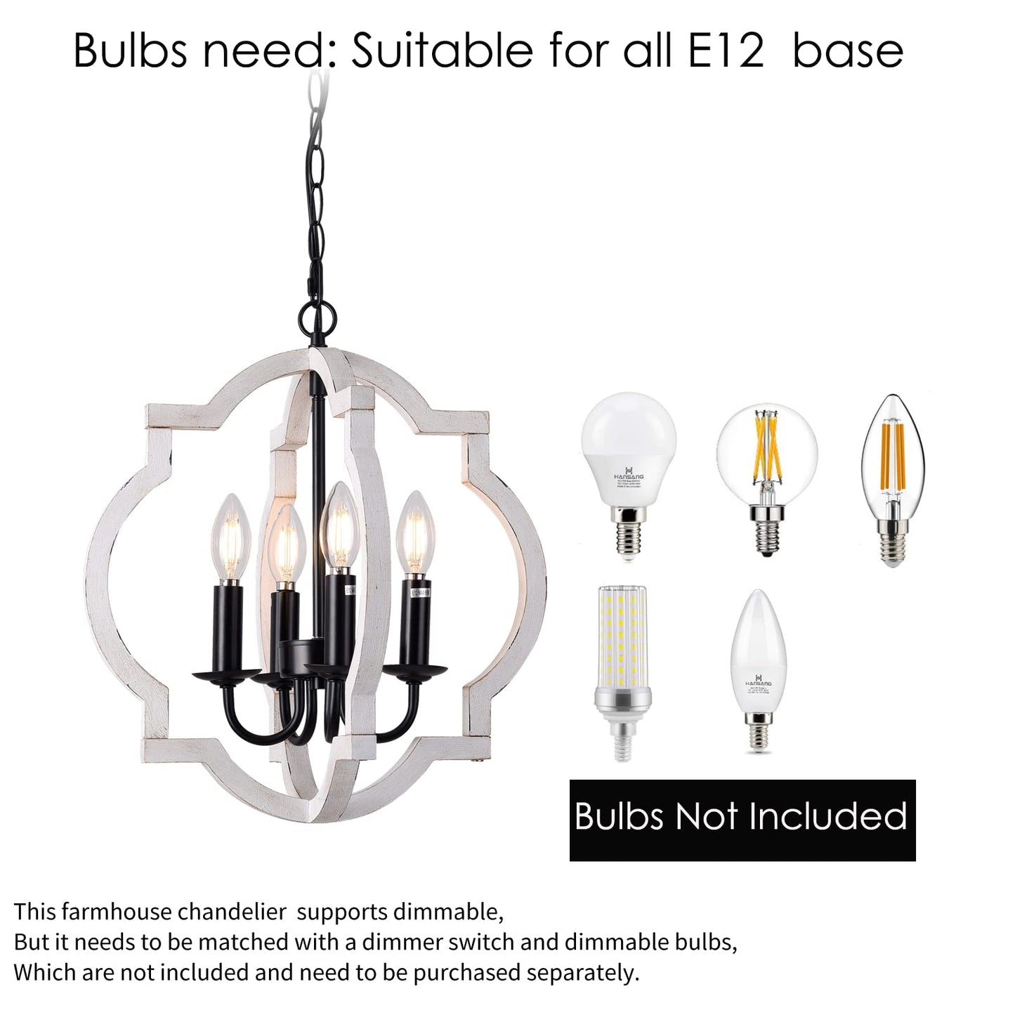 4-Light Plug in Chandelier with 16.4ft Cord,On/Off Switch,Orb Wood Farmhouse Hand-Painted Distressed White,Outdoor Chandelier for Gazebo,Kitchen Island Dinning Foyer Entryway