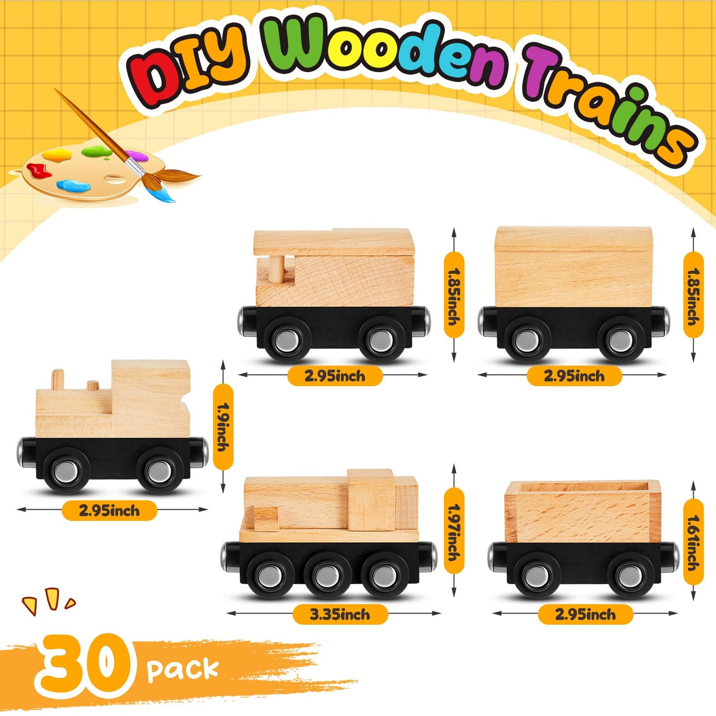 Halloscume 30 Pcs Vivid Unfinished DIY Wooden Trains 5 Styles Unpainted Cars Toys for Railway Paint Project Wood Trains for Birthday Party Theme Decorations Crafts Supplies