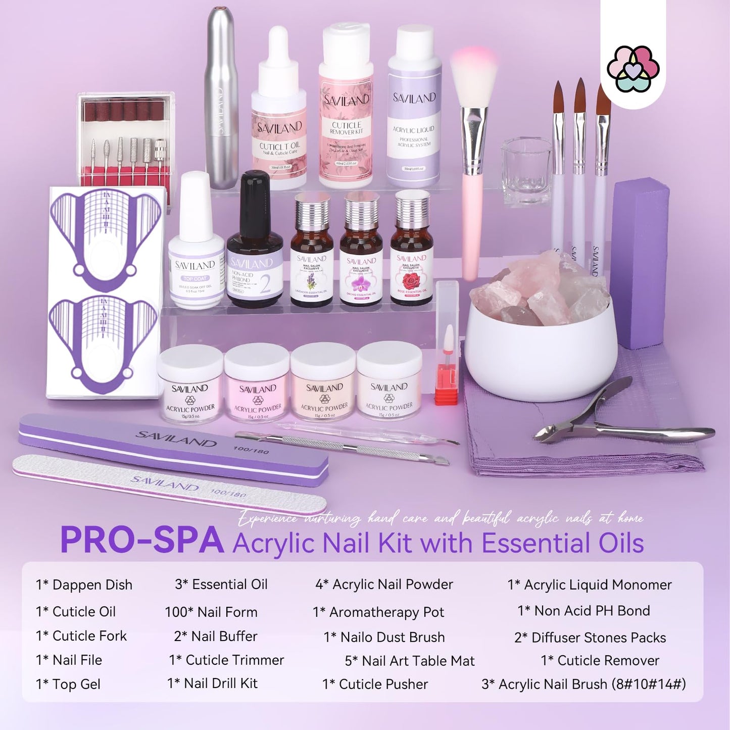 SAVILAND Acrylic Nail Kit with Drill: Professional Nails Kit Acrylic Set with Everything for Beginners Acrylic Powder Liquid Nail Brush Essential Oils Cuticle Remover & Cuticle Oil Kit Home Salon DIY