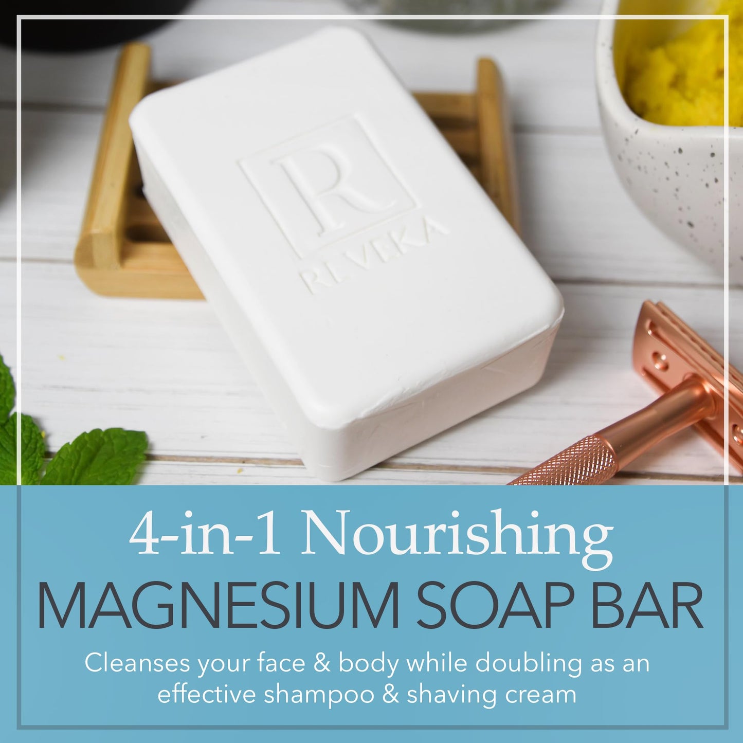 Reveka Skincare 4-Pack Magnesium Soap Bar - 4-in-1 Natural Soap Bar for Face, Body, Hair & Shaving | Triple Milled Bar Soap with Shea Butter, US-Crafted Peppermint Soap, 4 Bars (7 oz. Each)
