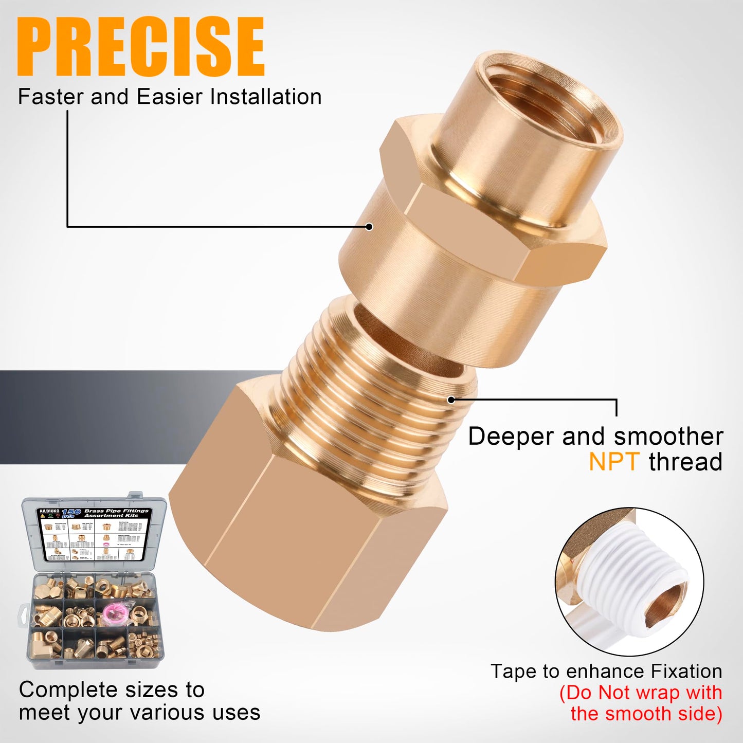 Ailbiuko 156PCS Brass Pipe Fittings Assortment Kit 1/8" 1/4" 3/8" 1/2" 3/4" NPT Adapter,Reducer Bushing, Hex Nipple, Reducing Hex Coupling,Hex Head Plugs,Street Elbow,Street Tee,Socket Plug