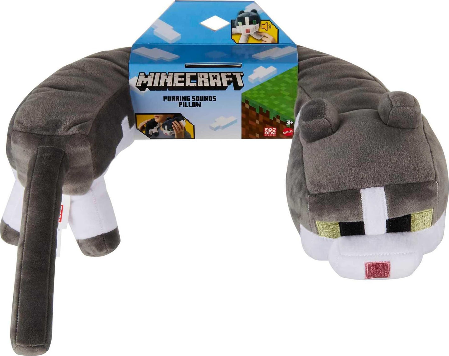 Mattel Minecraft Purring Sounds Neck Pillow, Cat Plush Toy with Sound for Travel, Comfort & Play