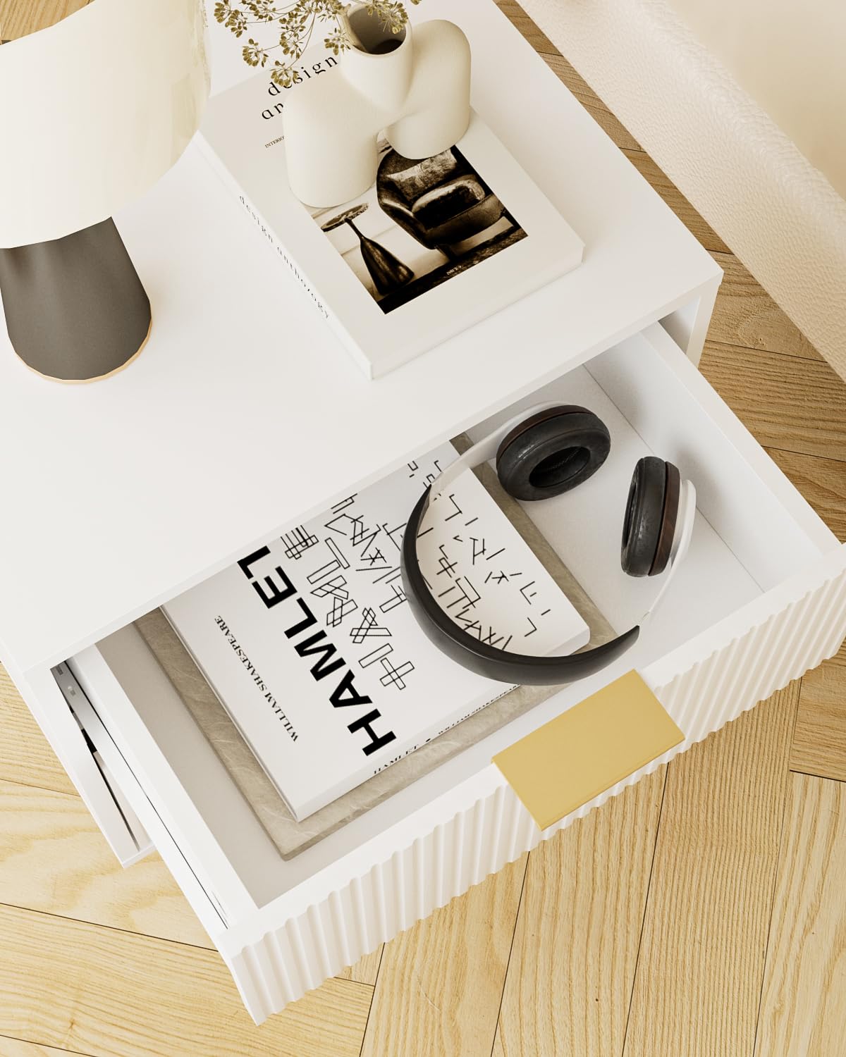 Aienvey Night Stand, Modern Nightstand with Drawers, Bedside Table, Gold Small Side Table for Bedroom, Living Room End Table (White Stripe, 2 Drawers)