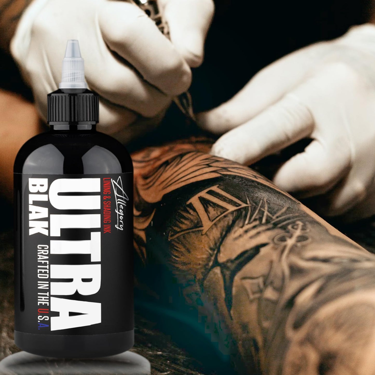 Allegory Tattoo Ink – Ultra Blak, Premium Black Tattoo Ink, Perfect for Lining and Shading, Smooth, Consistent Pigment, Vegan Friendly Tattoo Color, Organic Ink, Crafted in The USA (8 oz)