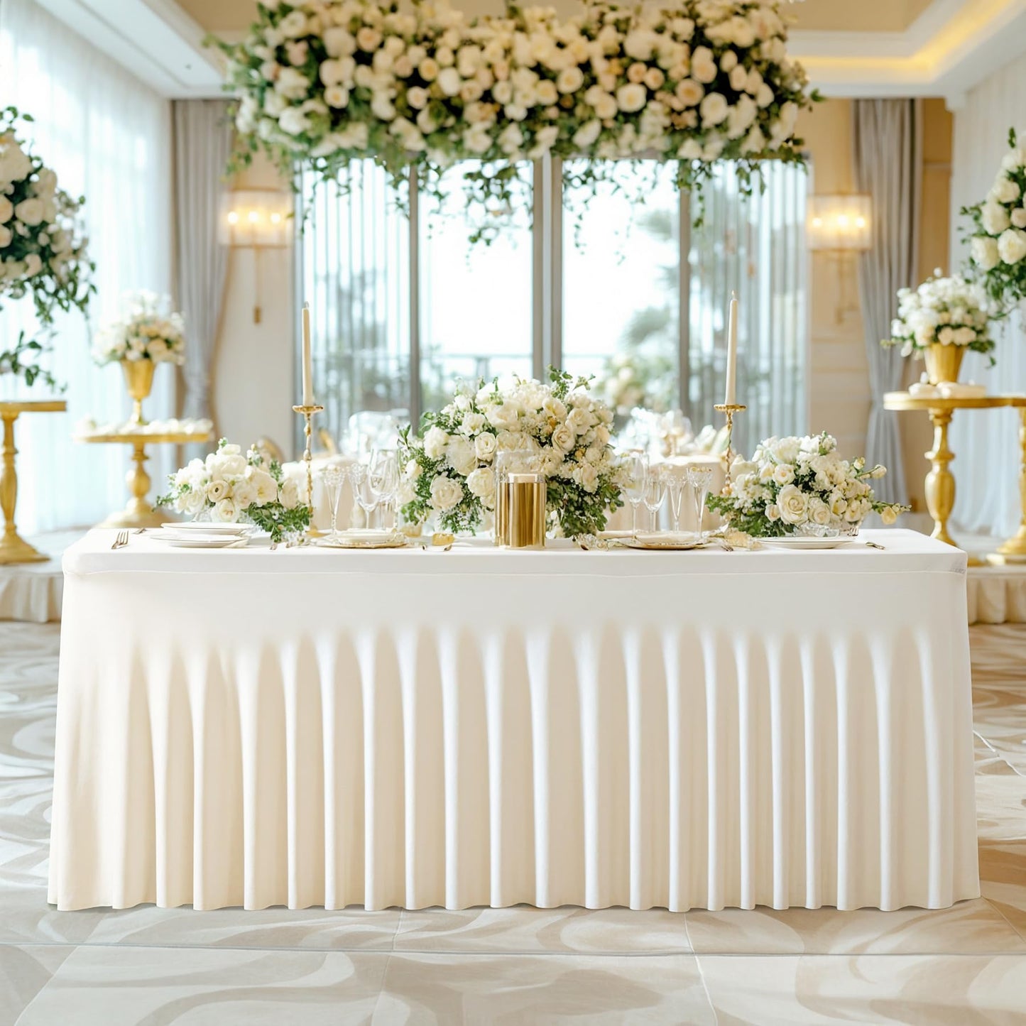 2 Pack Spandex Ivory Fitted Table Cloth for 6ft Rectangle Tables Ivory Stretch Tablecloth Table Covers Banquet Table Clothes Wrinkle Free Table Skirt for Parties Wedding