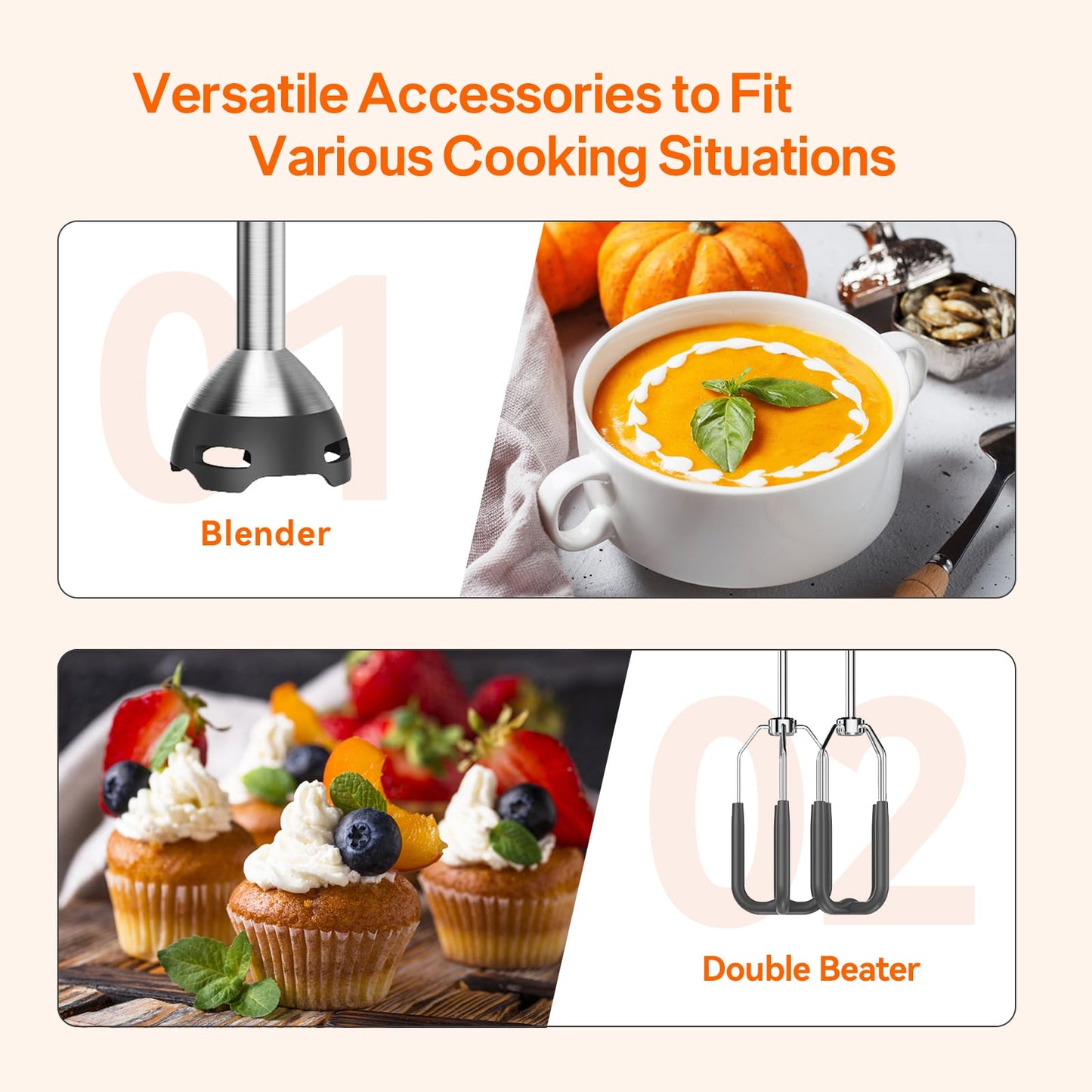 Anybear Immersion Blender, 1100W 2-in-1 Hand Held Blender with Full Copper Motor & Stainless Steel Body, 15 Speed & Turbo Mode Hand Mixer, Blade with Anti-scratch Coating