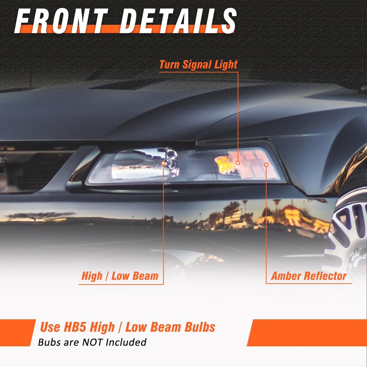 1999-2004 Mustang Headlight Assembly for 1999 2000 2001 2002 2003 2004 Ford Mustang with Black Housing Amber Reflector Clear Lens Pair Driver and Passenger Side(not projector headlights)