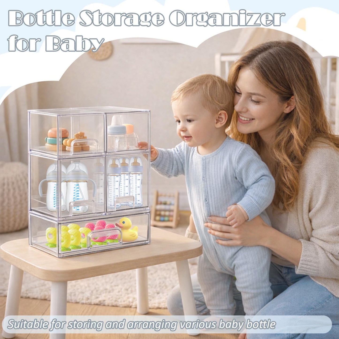 zebrater Baby Bottle Organizer-5 Pack Stackable Storage Drawers, Baby Organizers and Storage with Hooks, Clear Acrylic Multipurpose Bottle Storage for Countertop,Kitchen,Cabinet,Vanity,Bathroom