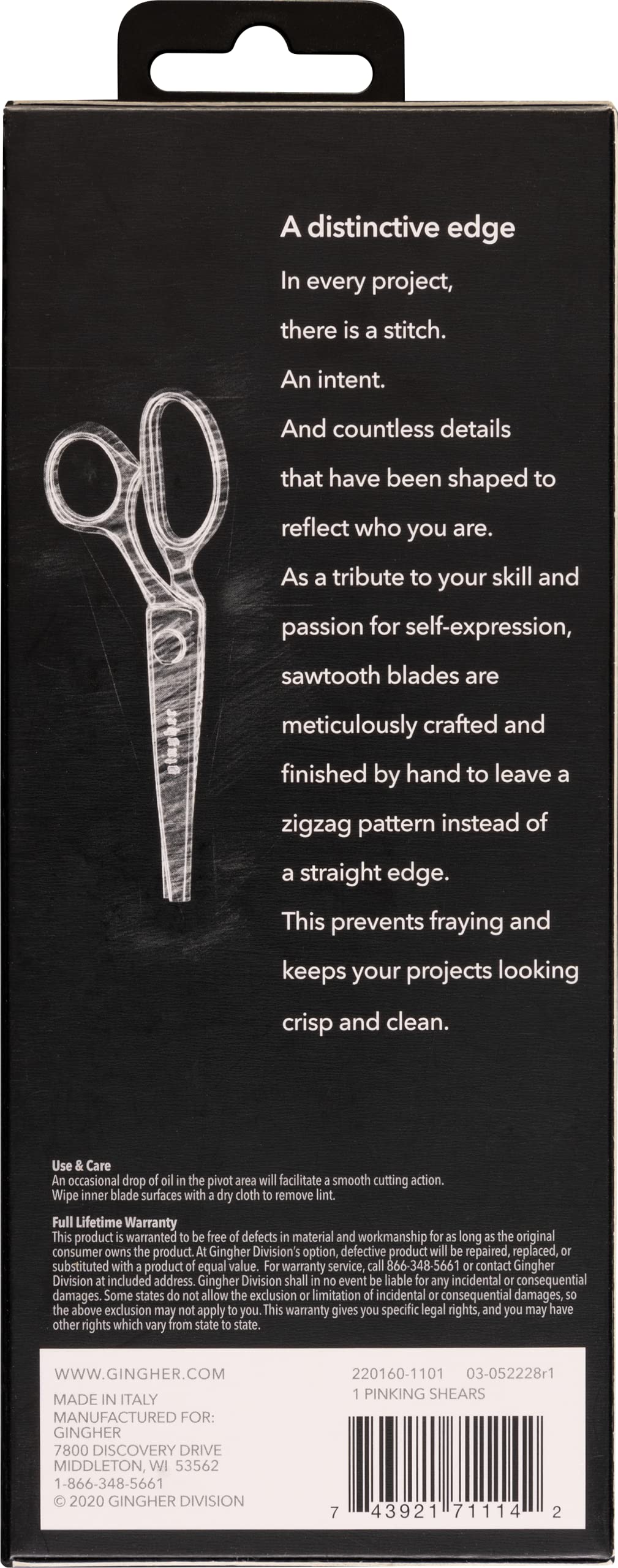 Gingher 7.5" Pinking Shears Scissors, Zigzag Blades for Ravel-Resistant Decorative Edges, Sawtooth Blades to Reduce Fraying for Fabric Cutting and Embroidery, Stainless Steel Chrome-over-Nickel Finish