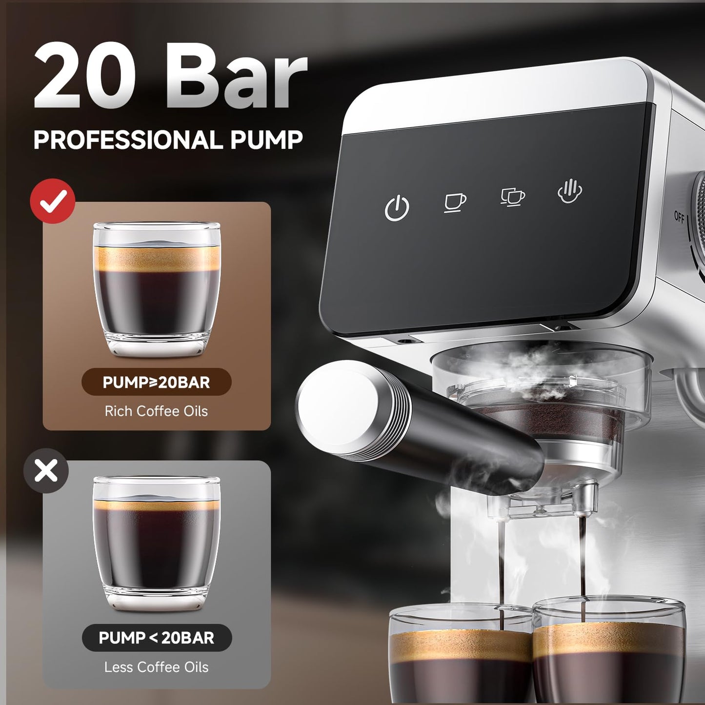 AMZCHEF Espresso Machines with LED Touch screen, Espresso Coffee machine Equip 20Bar Pressure System, Cappuccino Machine, Compact Latte Machine for Home Gifts,silver