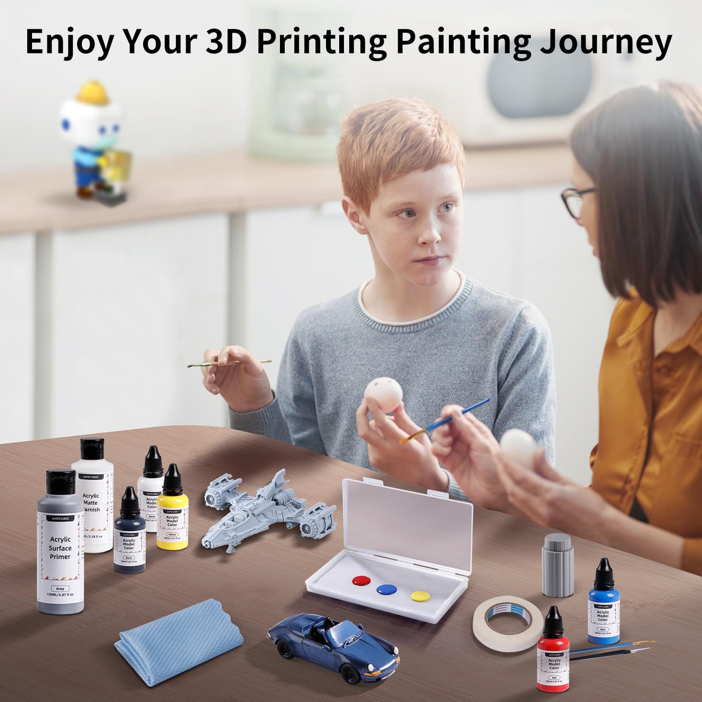 ANYCUBIC 3D Printer Accessories, Multifunctional 3D Models Painting Set with Acrylic Paint kit 5 Colors, Primer, Topcoat, and Painting Tools, Miniatures Painting for 3D Printing Enthusiasts