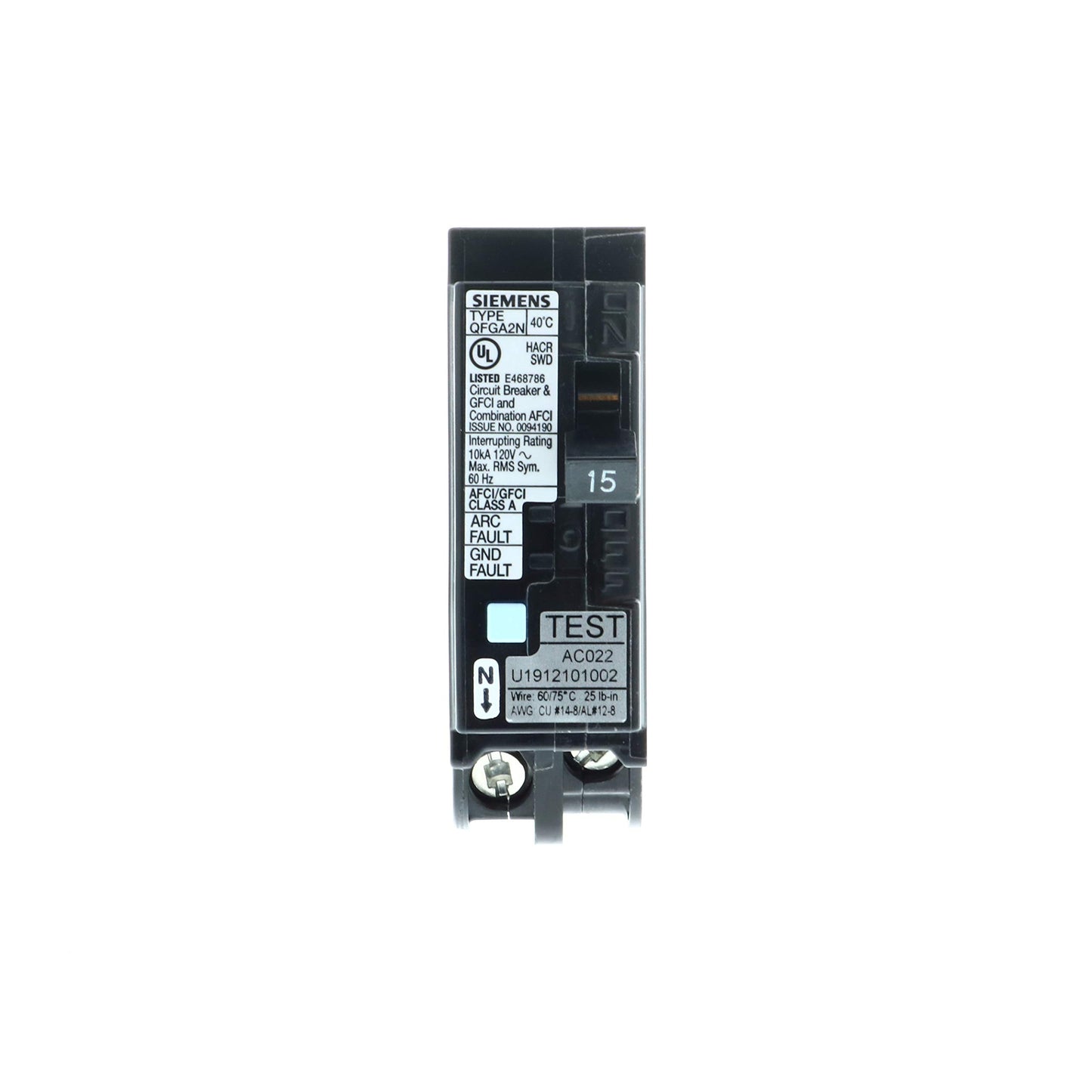 Siemens Q115DFN 15 Amp 1-Pole Dual Function (CAFCI/GFCI) Plug-On Neutral Circuit Breaker, Black