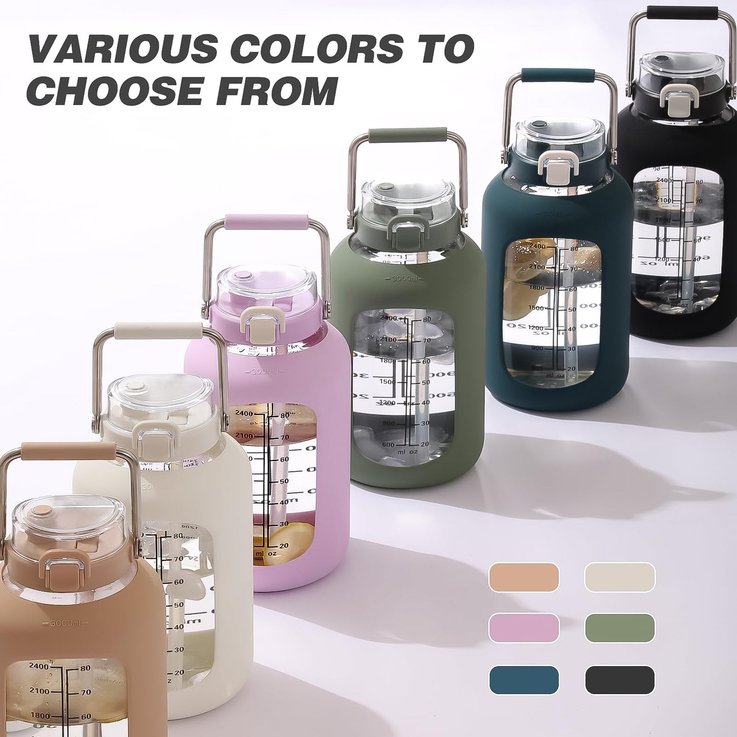 MUKOKO 100oz Glass Water Bottle with Time Marker and Silicone Sleeve 3L Large Water Jug with Stainless Steel Handle Gallon Drinking Bottle with 2-in-1 Lid Wide Mouth BPA Free, Black