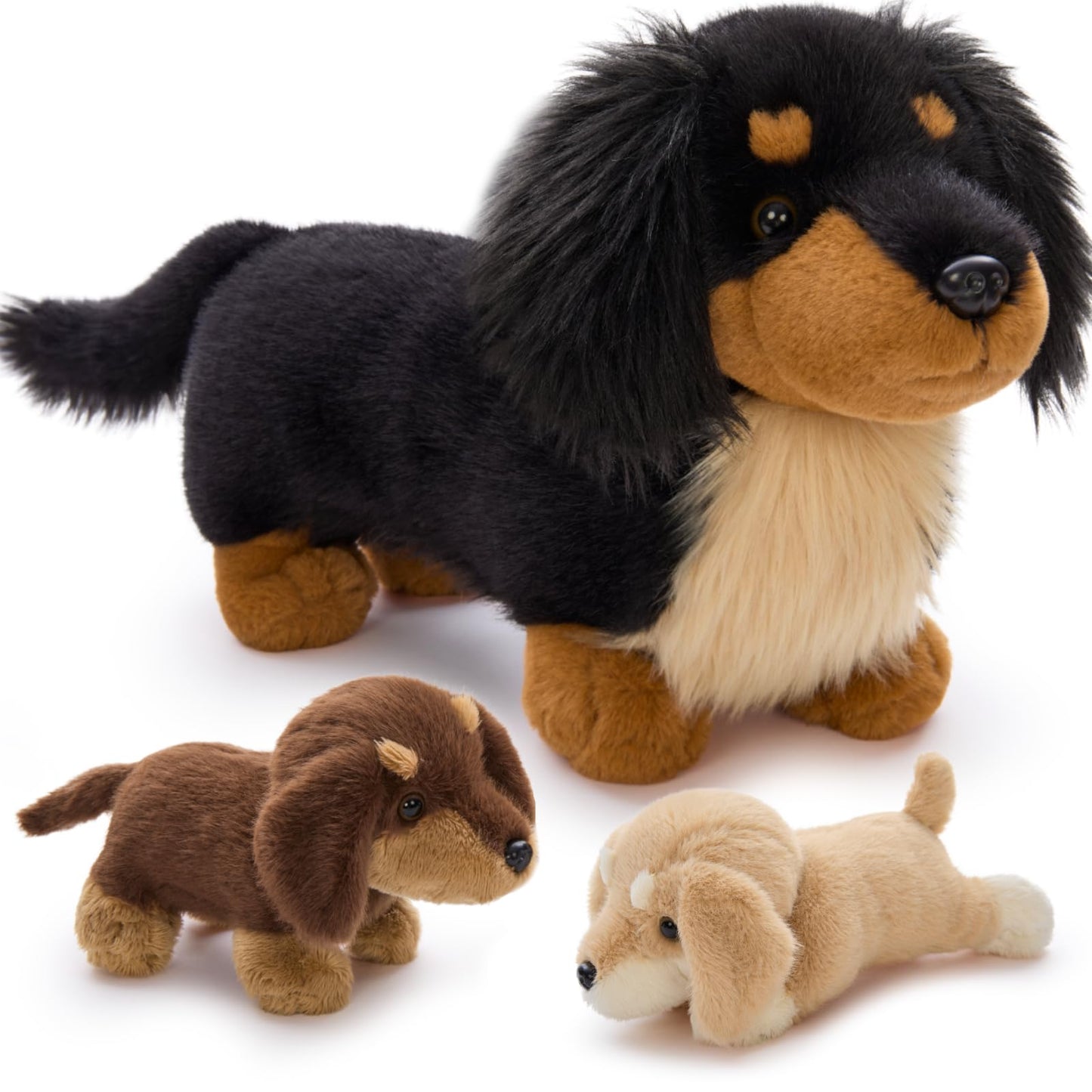 MorisMos 20'' Large Sausage Dog Stuffed Animal Mommy with Baby Puppy Toys for Kids, 3Pcs Realistic Long Hair Sausage Toys for Girl Boy Birthday Christmas