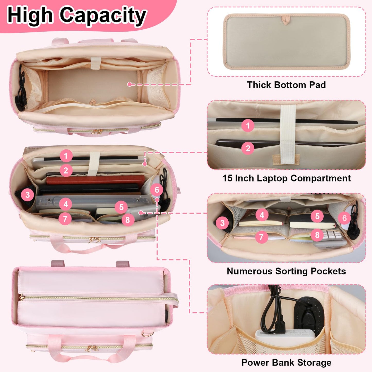 Sambois Teacher Tote Bag with Accordion File Organizer Pocket, Soft Nylon Utility Bag with 15.6 inch Laptop Compartment & USB Port, Large Work Tote Bag for Office Supplies Women (Pink)