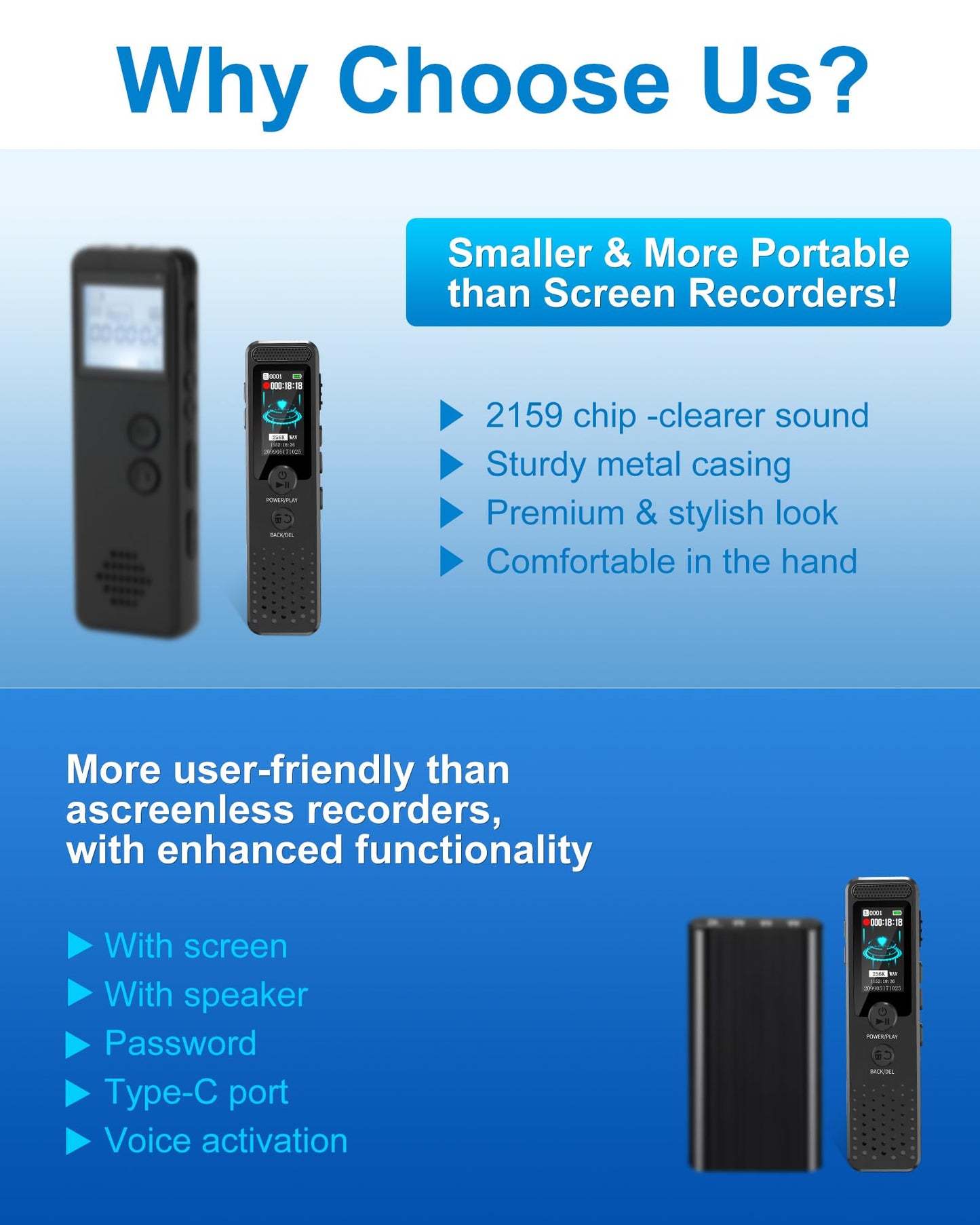 128GB Mini Digital Voice Recorder with 2159 Professional Noise Reduction and up to 1536kbps Lossless Sound Quality, Voice Activated Recorder with Playback, USB-C Audio Recorder for Lectures Meetings