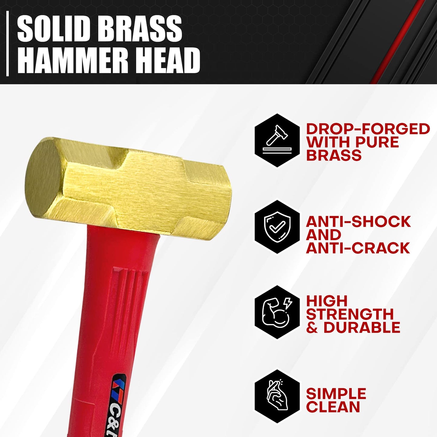 C&T 3lb Brass Sledge Hammer,Non-Sparking,Comfortable Fiberglass Handle,3-Pounds,Non-Magnetic,Corrosion Resistant