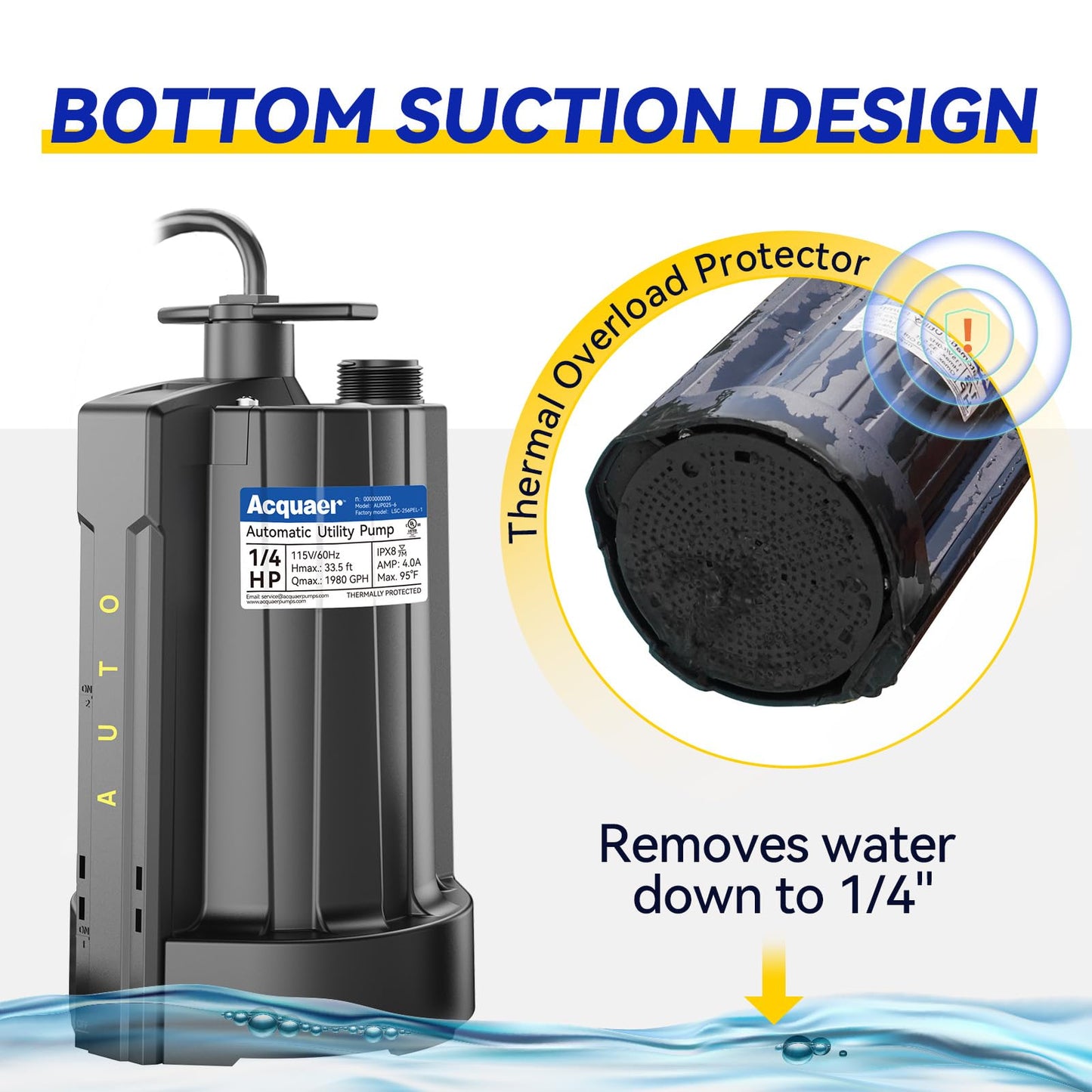Acquaer 1/4 HP Automatic Sump Pump, 115V Submersible Water Pump with 3/4” Garden Hose Check Valve Adapter,1980 GPH High Flow Water Removal for Swimming Pool Cover Hot Tubs Flooded House Basement