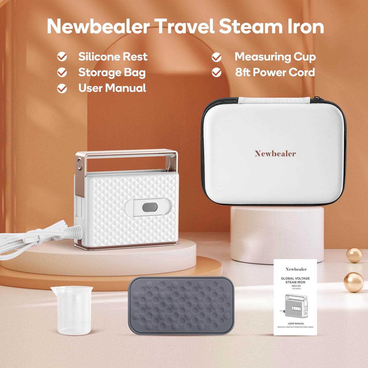 Newbealer 100-240V Travel Steam Iron, 2in1 Handheld Steamer, 120ml (Gold)