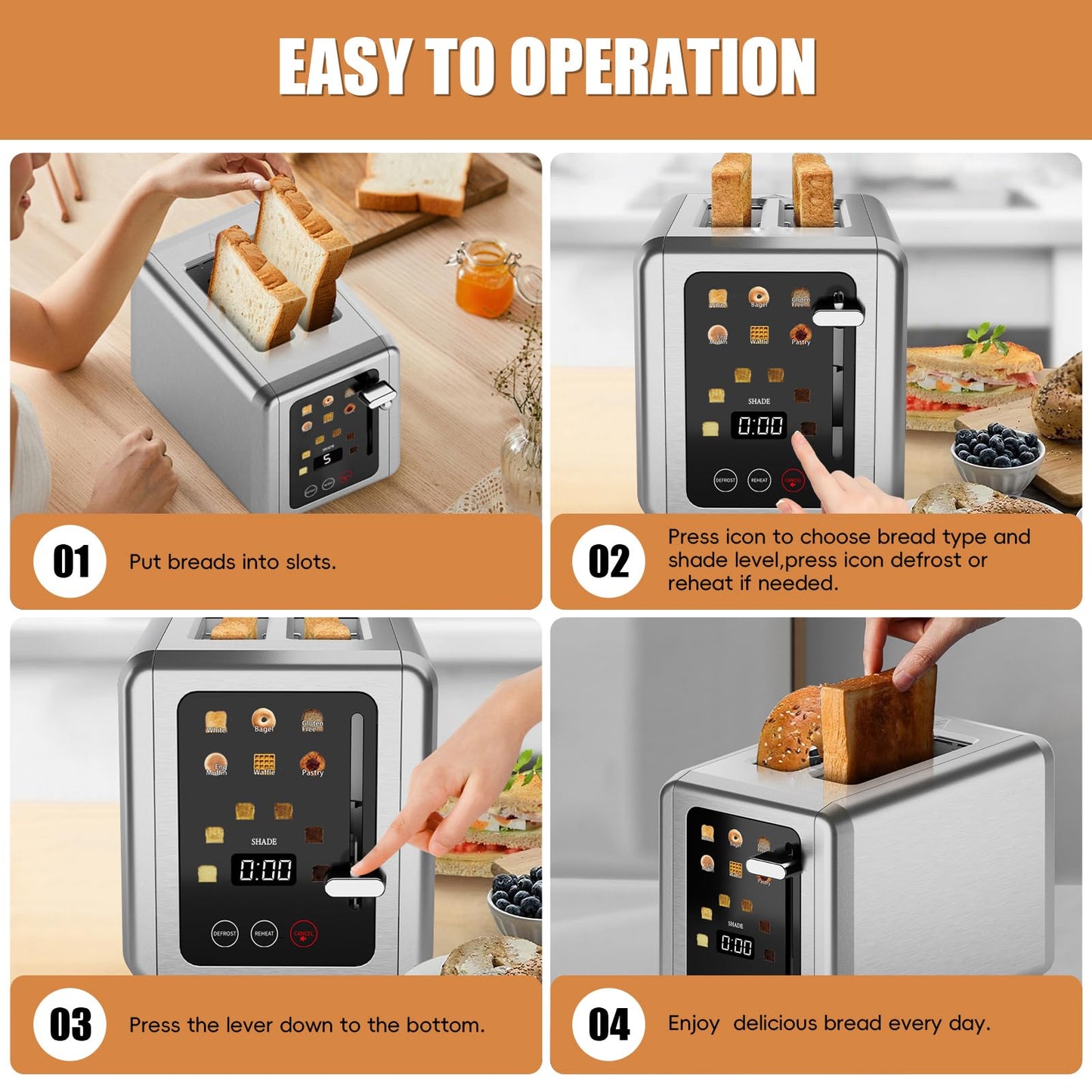WUNLY Touch screen Toasters 2 slice, Stainless Steel Digital Timer Toaster with Sound Function, 6 Bread Types & 6 Shade Settings, Smart Extra Wide Slots Toaster with Bagel, Defrost Functions,Platinum