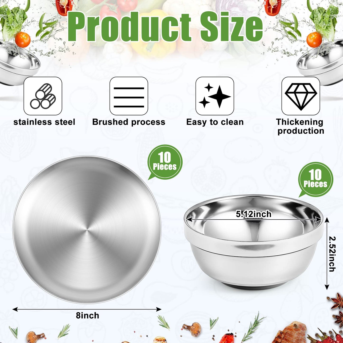 Sunnyray Stainless Steel Plates and Bowls Metal Camping Plates Reusable 13oz Steel Snack Feeding Serving Dinner Dishes Double Walled Insulated Metal Bowls for Kids(10 Set,8 Inch)