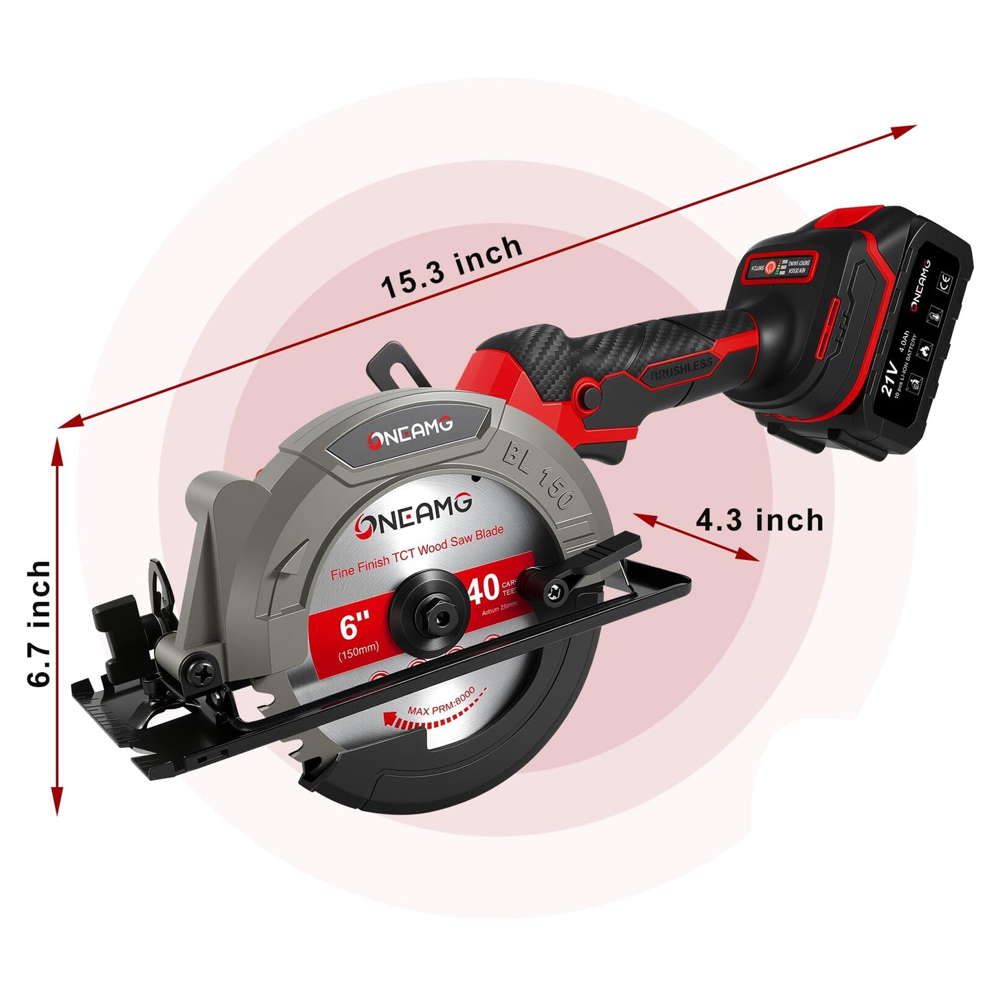 6" Cordless Mini Circular Saw, 21V Compact Wireless Circular Saw, 4.0Ah Battery, 5800RPM, Max Cut 2-1/6" (90°), 1-1/4" (45°),w/40T & 60T Blades,Fast Charger (1Hr),Applicable to Wood,Aluminum & Plastic