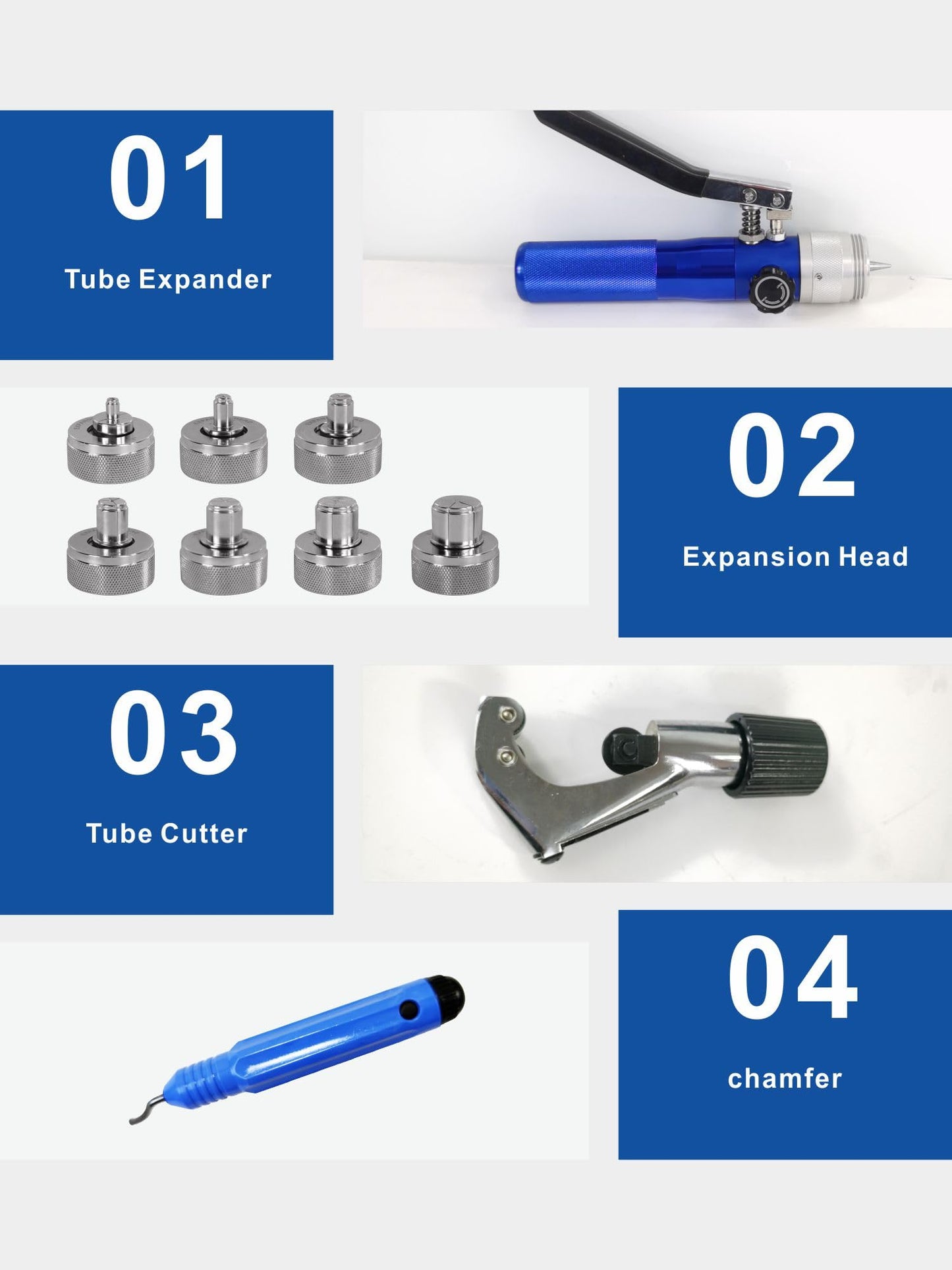 AMZCNC Hydraulic Tube Expander Compact Swaging Tool Kit with Tube Cutter, Deburring Tool and 7 Expander Heads for 3/8 to 1-1/8 Inches Copper Pipes HVAC Expander Tools (3/8“~1-1/8”)
