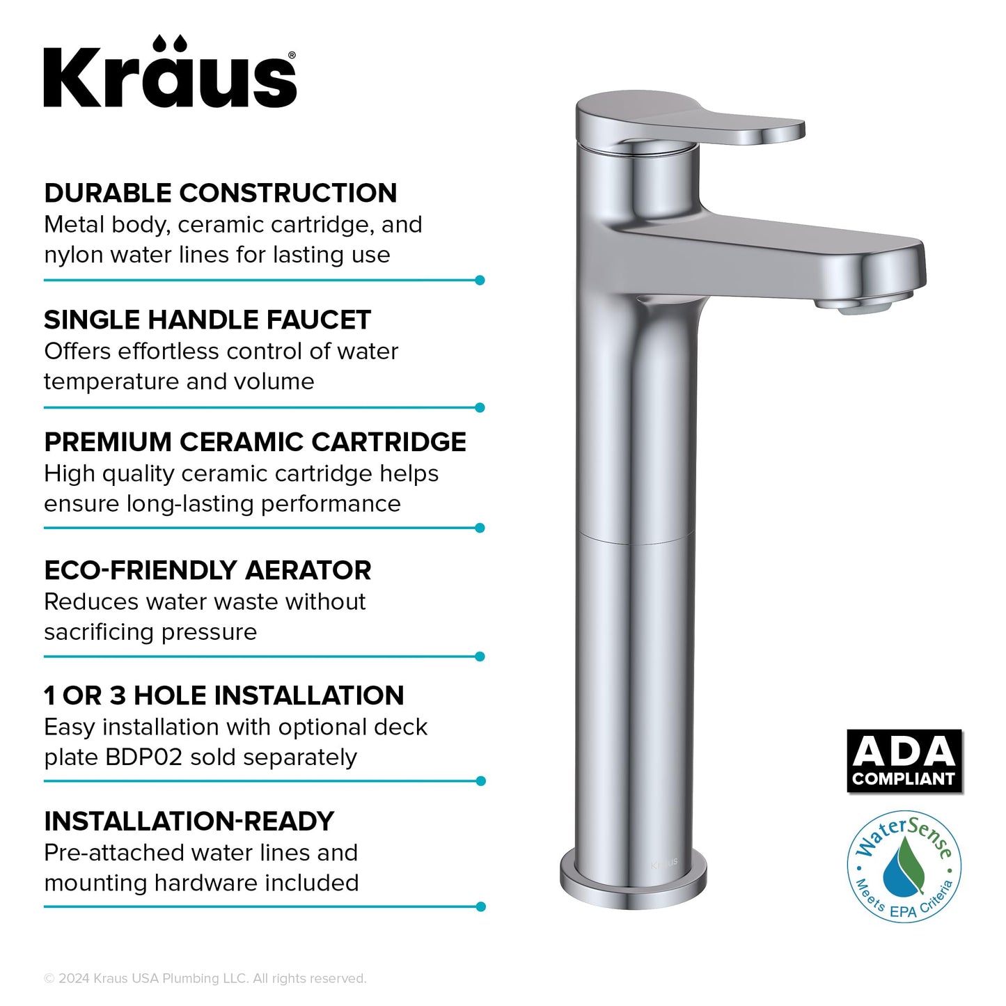 KRAUS Indy Bathroom Faucet for Vessel Sink in Chrome with Single Handle, Pop Up Drain and Supply Lines, KVF-1410CH