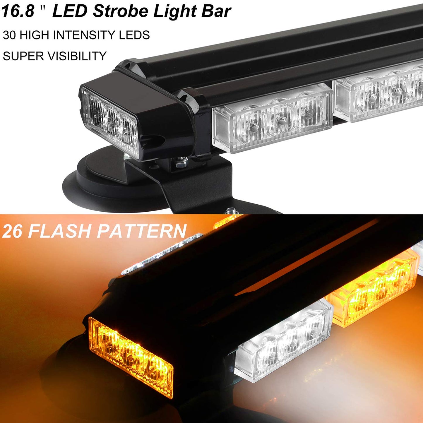 ASPL 16.8 Inch LED Strobe Flashing Light Bar, 26 Flashing Modes High Intensity Emergency Hazard Warning Beacon Lights with Magnetic Base for Car Trucks Trailer Roof Safety (Amber White Amber White)