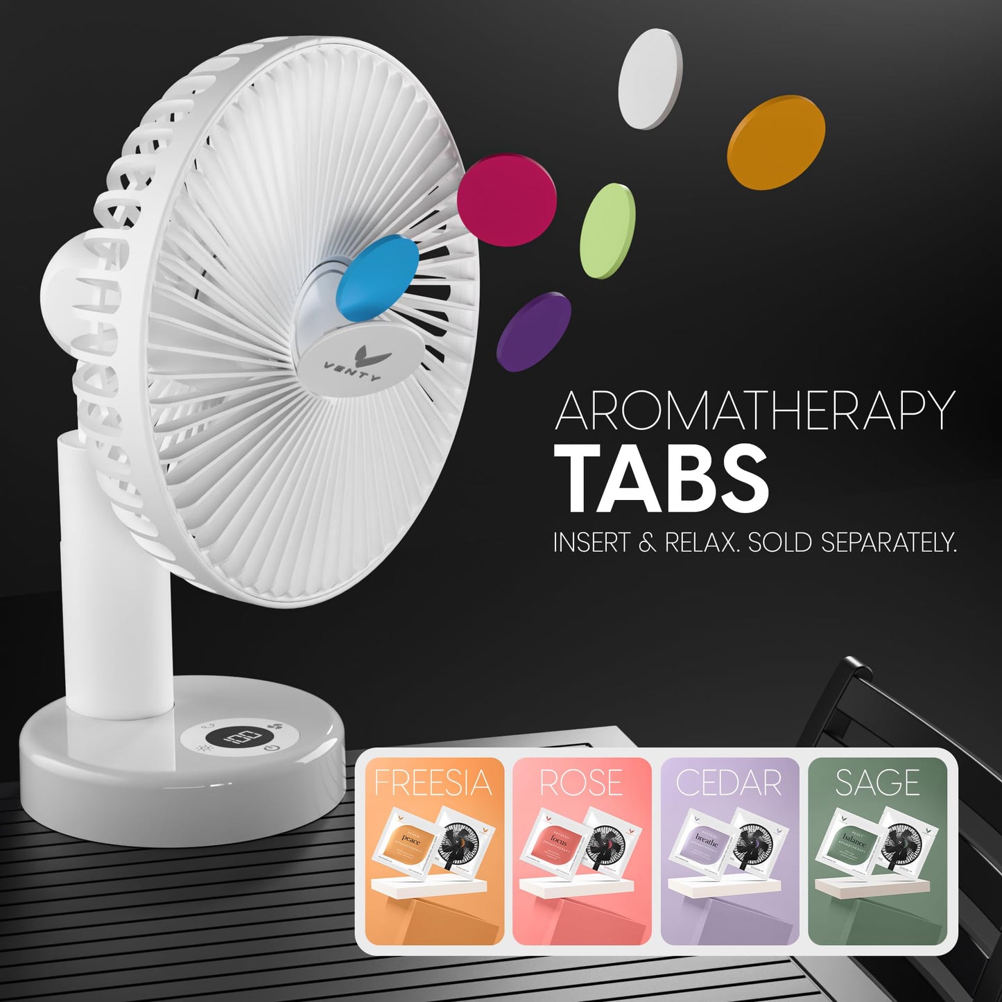 VENTY Portable Clip Fan - Rechargeable 10-Hour Battery Portable Fan - 360° Rotation & 90° Tilt - Stroller Fan, Desk Fan or Bedside Fan - Aromatherapy & LED Light - USB-C Cable & Carrying Pouch